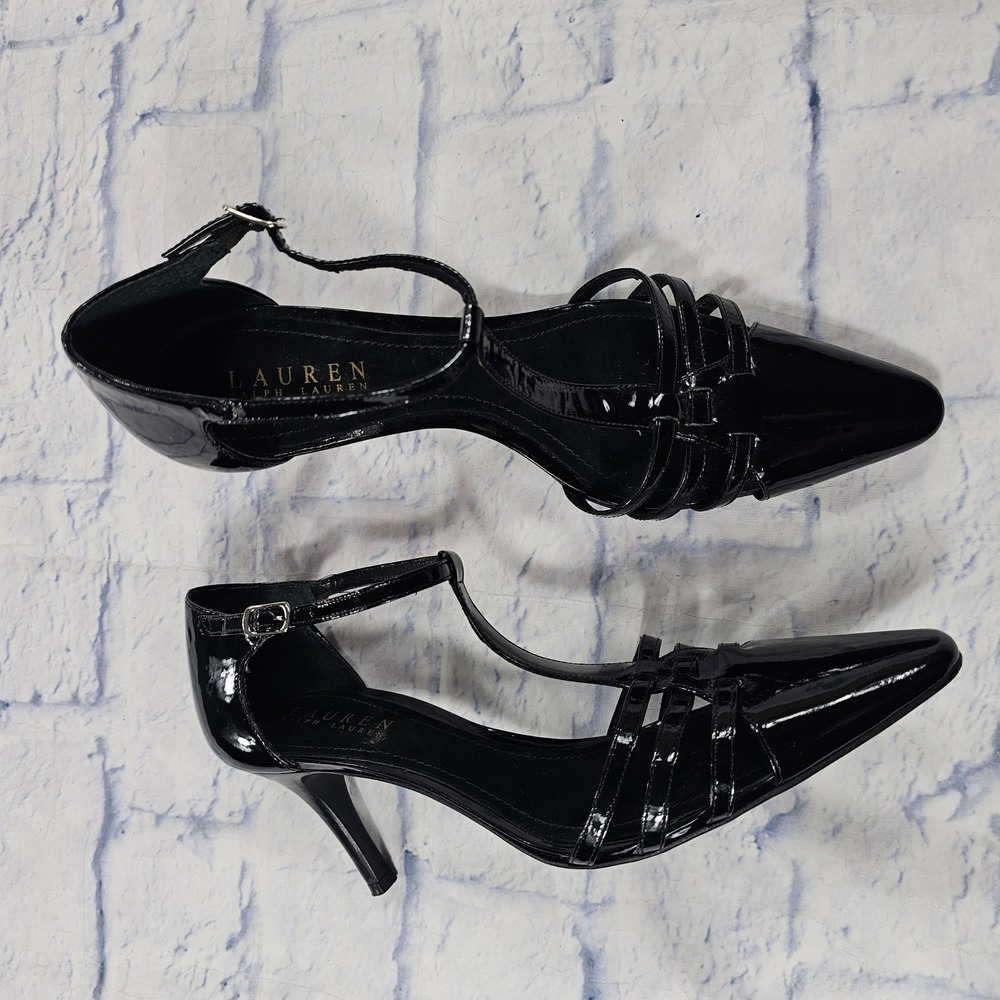 Lauren Ralph Lauren Cleo Heels Womens 8 B Black Patent Leather T-Strap Pumps
